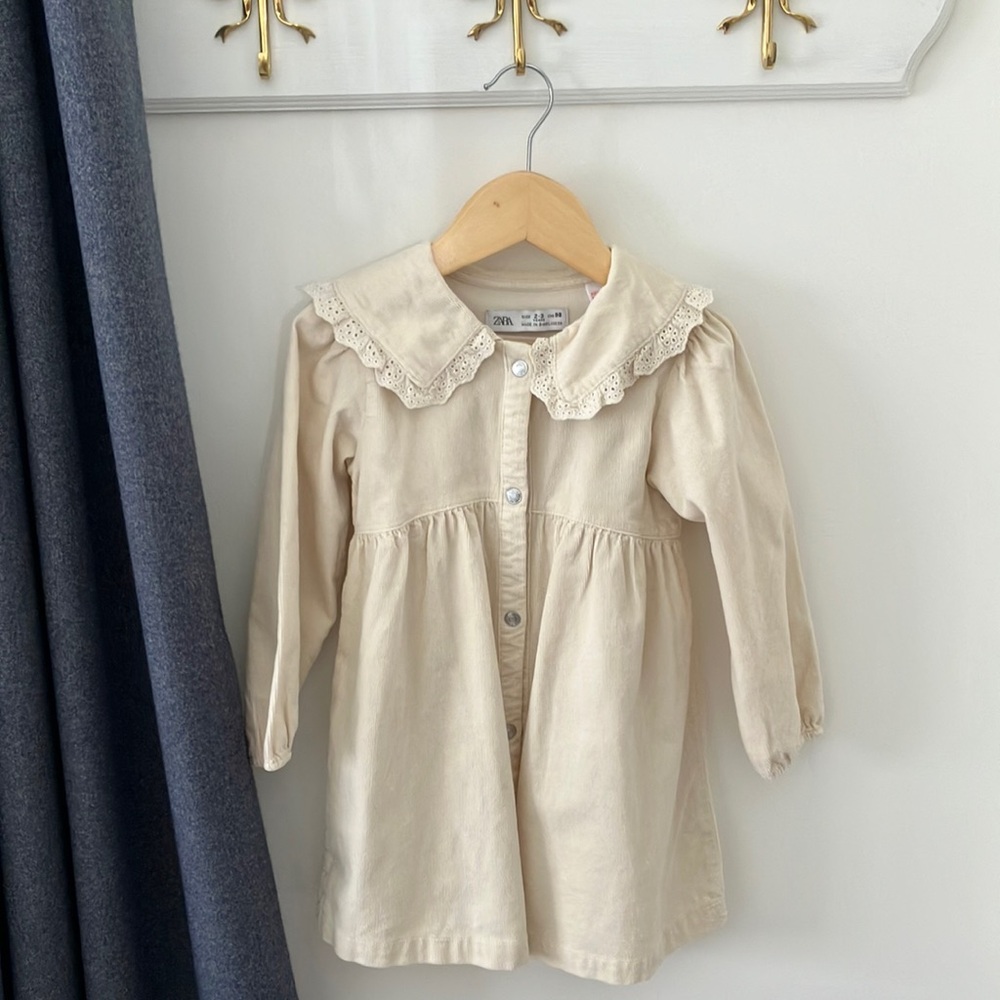 ZARA kids, corduroy Cream Long Sleeve Dress with Lace Collar